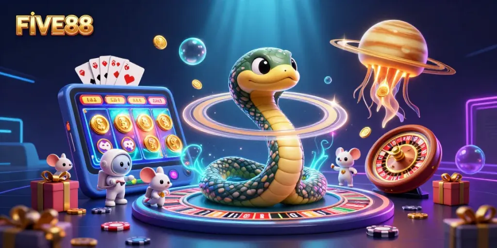 Engage in thrilling bets at FIVE88 with a cosmic casino scene featuring unique characters and games.