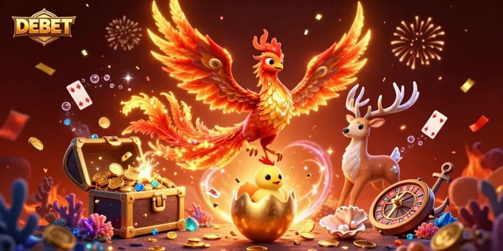 Experience the thrill of DEBET with a vibrant 3D illustration capturing action-packed casino excitement and adventure.