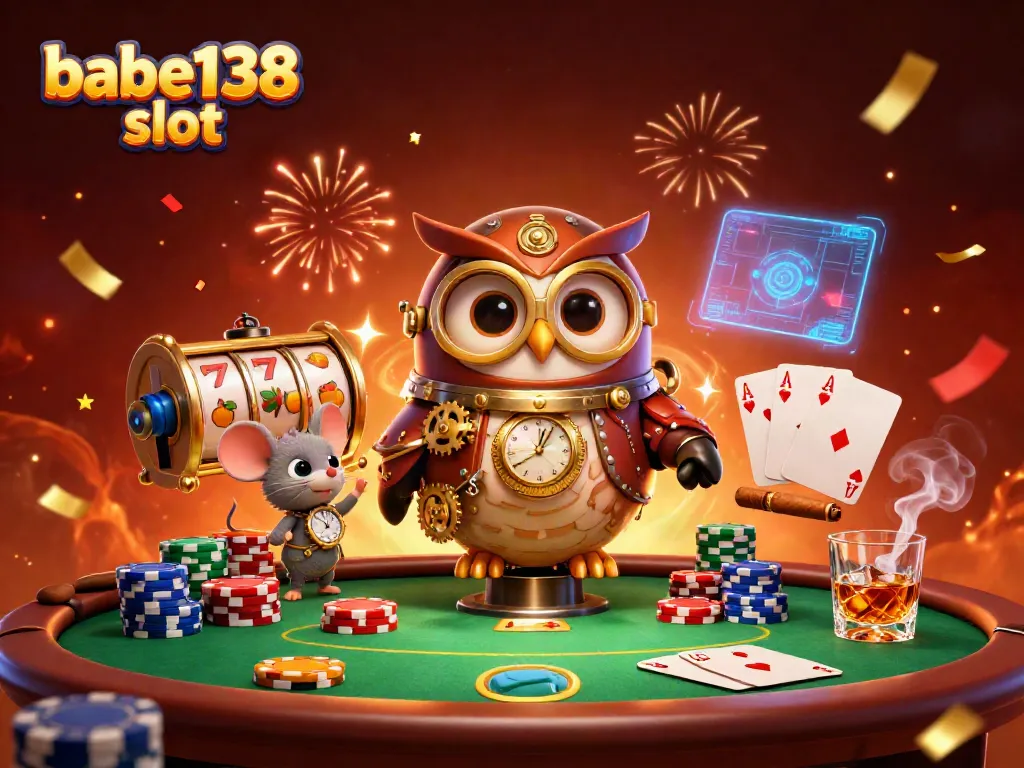 Putar babe138 slot dengan karakter burung hantu bertema steampunk dan elemen kasino futuristik.