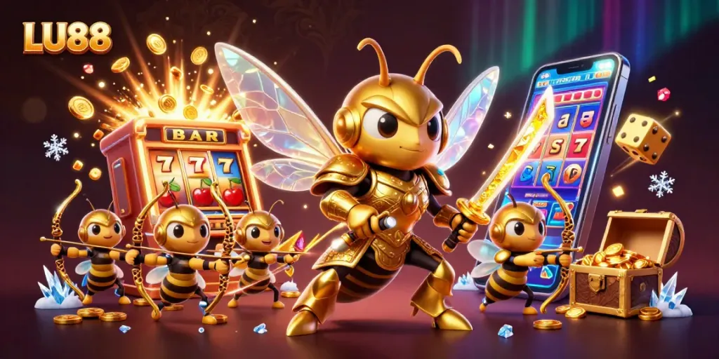 Engage in the thrilling world of LU88 casino with a dynamic slot gaming scene illustrated in 3D.