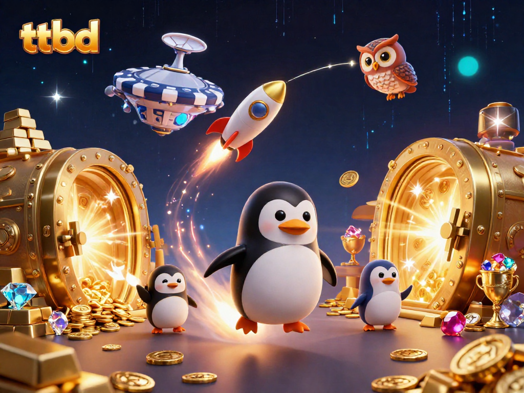Experience the thrill of ttbd as a golden penguin blasts through space towards a vibrant casino.