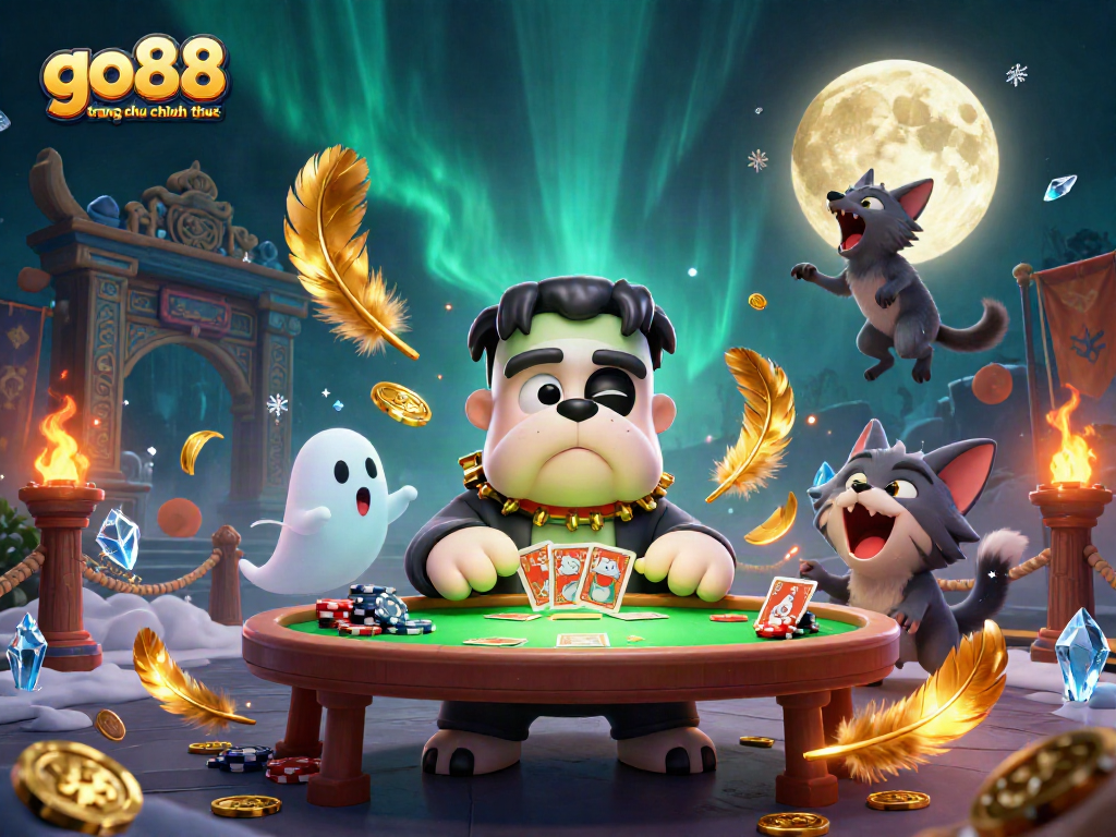 Win with go88 trang chu chinh thuc as the Frankenstein bulldog deals cards at a spooky casino table.