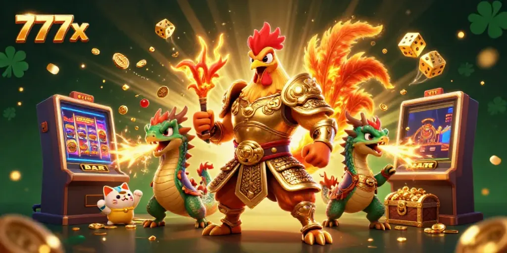 Experience the thrilling 777x online casino with a vibrant 3D illustration of a rooster warrior and dragon amidst gaming excitement.