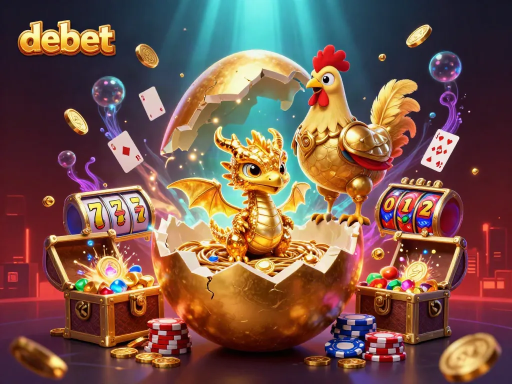 Experience exciting gameplay with debet's golden dragon guarding poker chips in a vibrant casino scene.