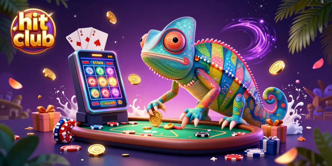 Hit club - 3D chameleon casino owner surrounded by slot games and poker, vibrant casino elements.