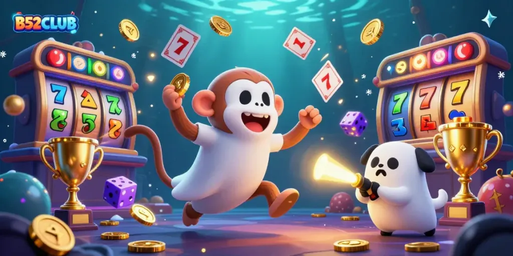 B52CLUB showcases a lively haunted casino scene with a ghost monkey and a curious puppy, juggling golden rewards.