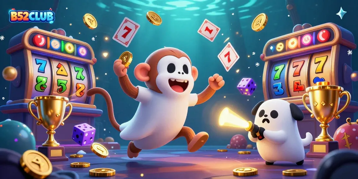 B52CLUB showcases a lively haunted casino scene with a ghost monkey and a curious puppy, juggling golden rewards.