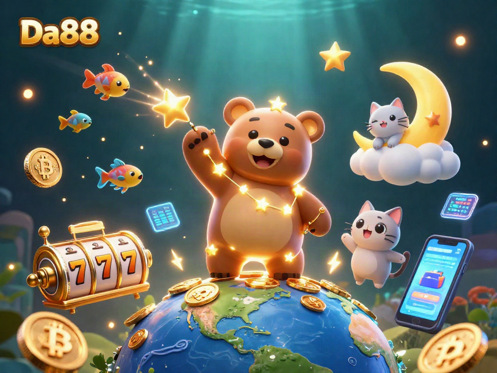 Engage with Da88 in a vibrant casino illustration featuring lucky slot reels and cryptocurrency.