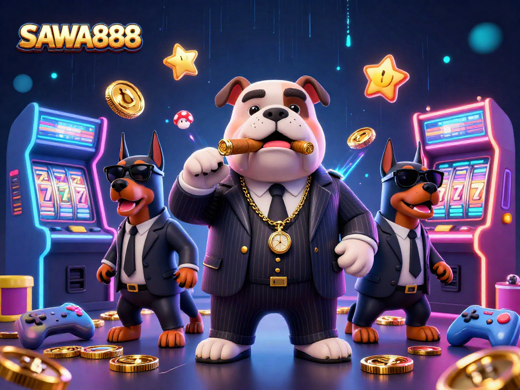 Spin to win with SAWA888 as cartoon mafia boss bulldog and bodyguard Dobermans dominate the casino scene.