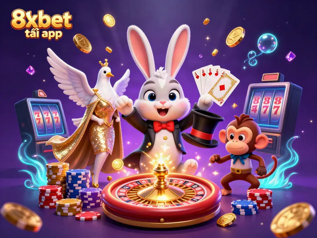 Experience the thrill of 8xbet tải app with a dynamic casino scene featuring a magician rabbit and poker chips.