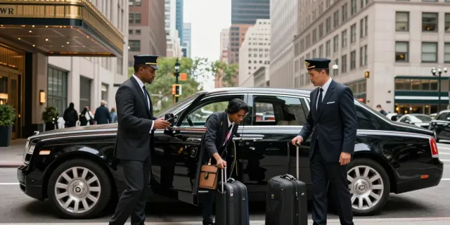 black car service nyc: professional chauffeur assisting a traveler in front of a luxury hotel in New York City.