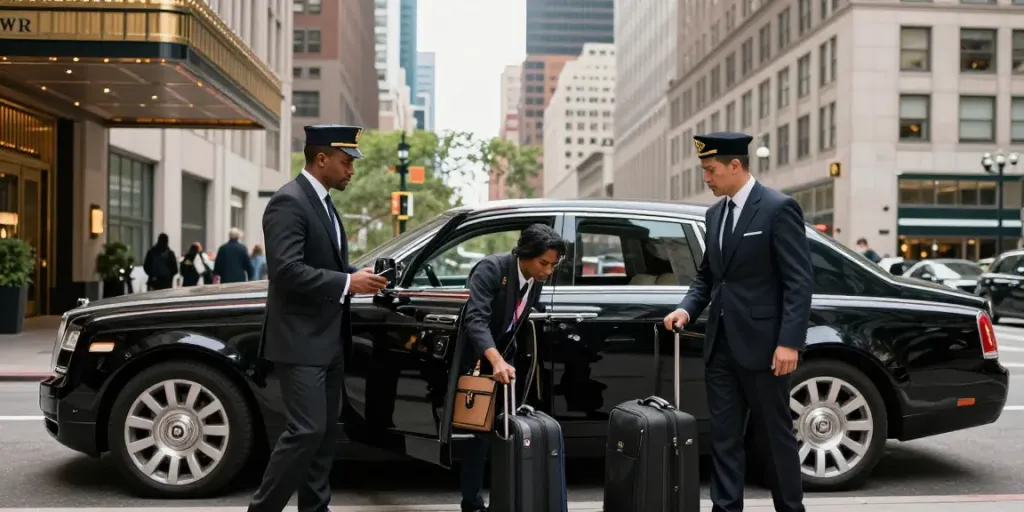 black car service nyc: professional chauffeur assisting a traveler in front of a luxury hotel in New York City.