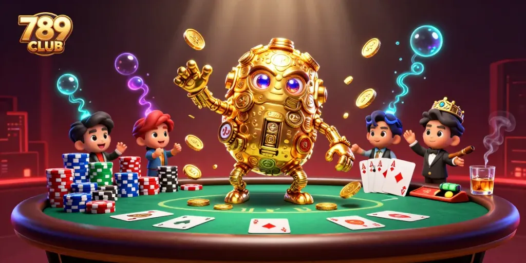 Engage with thrilling gameplay on 789CLUB featuring an ancient golden golem amidst a vibrant casino scene.