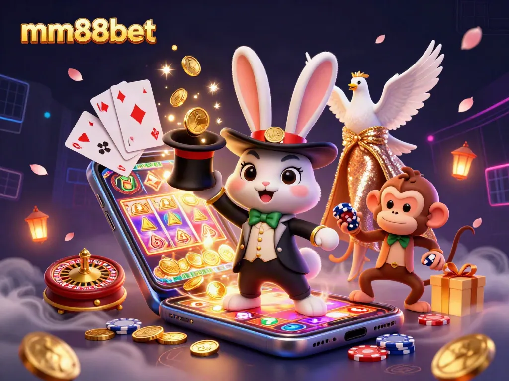 Engage with mm88bet's magical casino scene featuring a rabbit magician and dynamic game elements.