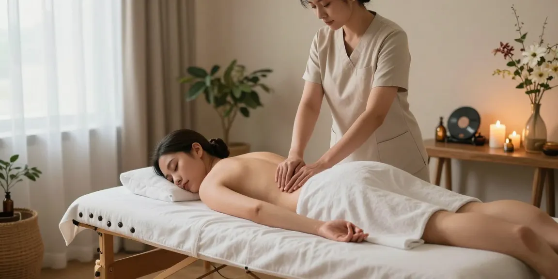 중랑구출장안마 in a serene massage therapy room, showcasing therapist and tranquil ambiance.