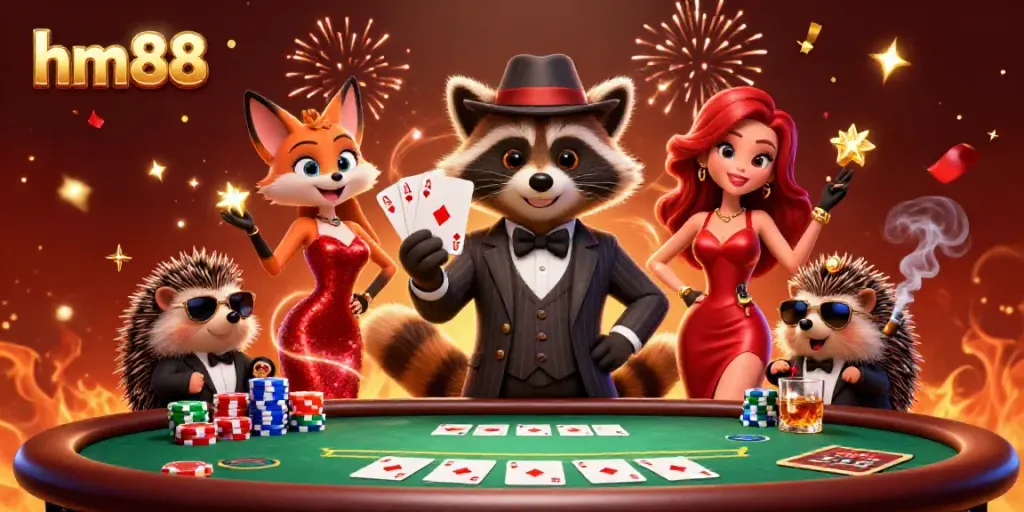 Experience the excitement of gambling at hm88 with a charming raccoon and fox in a vibrant casino scene.