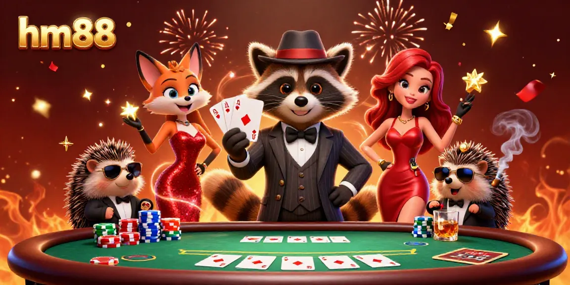 Experience the excitement of gambling at hm88 with a charming raccoon and fox in a vibrant casino scene.
