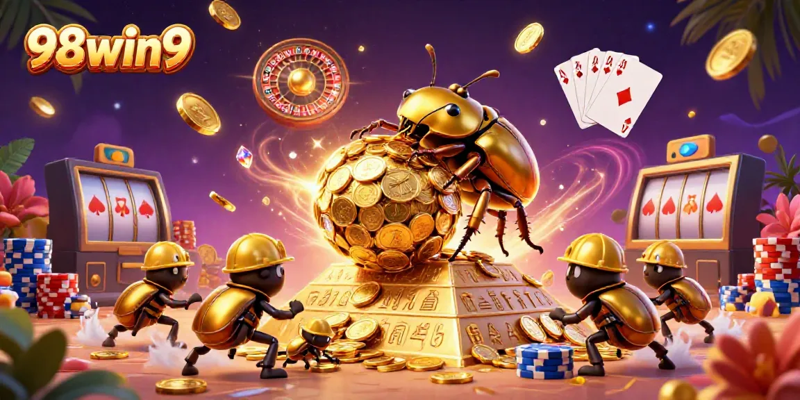 Experience the thrill of winning with 98win9, featuring vibrant casino elements in a dynamic 3D scene.
