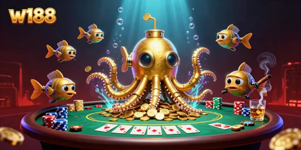 Win exciting games at w188 with a vibrant underwater scene featuring a golden kraken and poker elements.