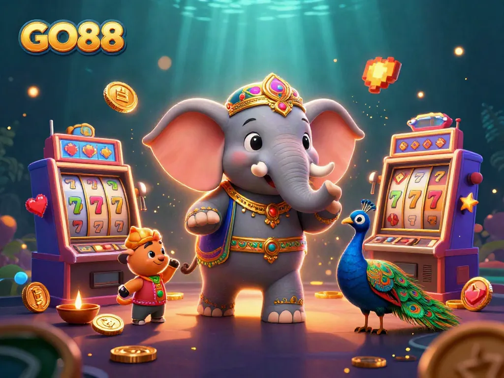 Win at GO88 with vibrant 3D slot machines, a colorful elephant, and a peacock illustration.
