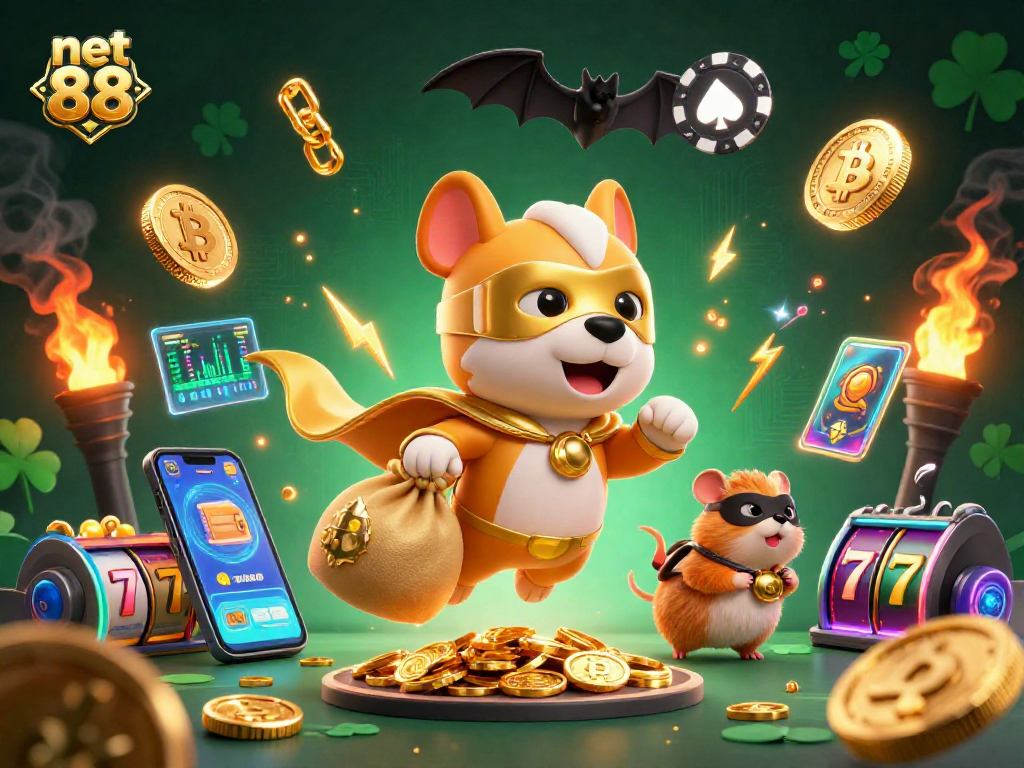 Engage with net 88's vibrant, animated 3D casino scene featuring a superhero dog and exciting gambling elements.