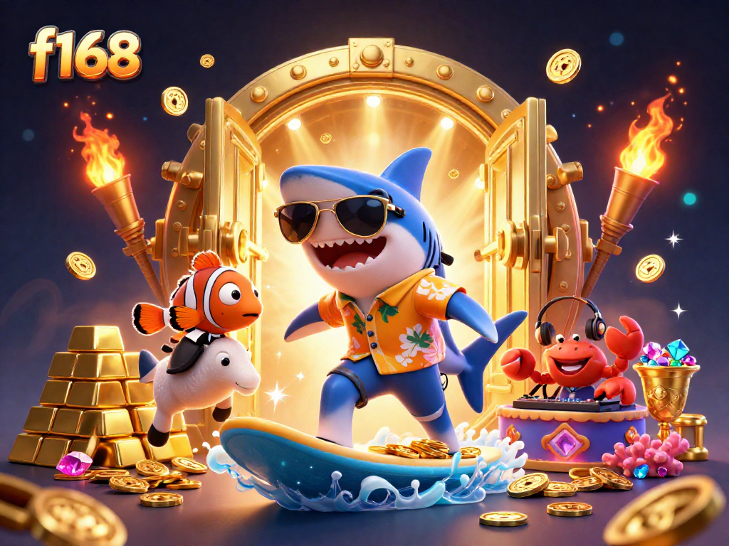 Experience thrills at f168 with a 3D shark surfing gold coins, highlighting dramatic casino excitement.