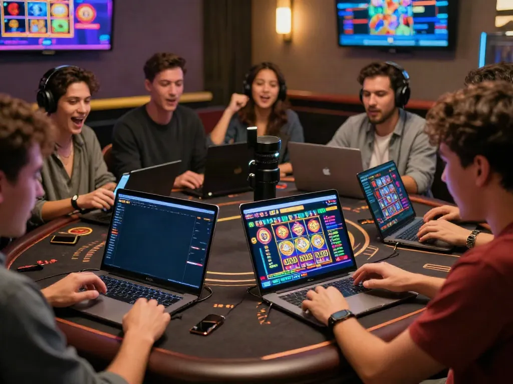 LU88 players immersed in a vibrant online gambling experience, showcasing diverse games and exciting reactions.