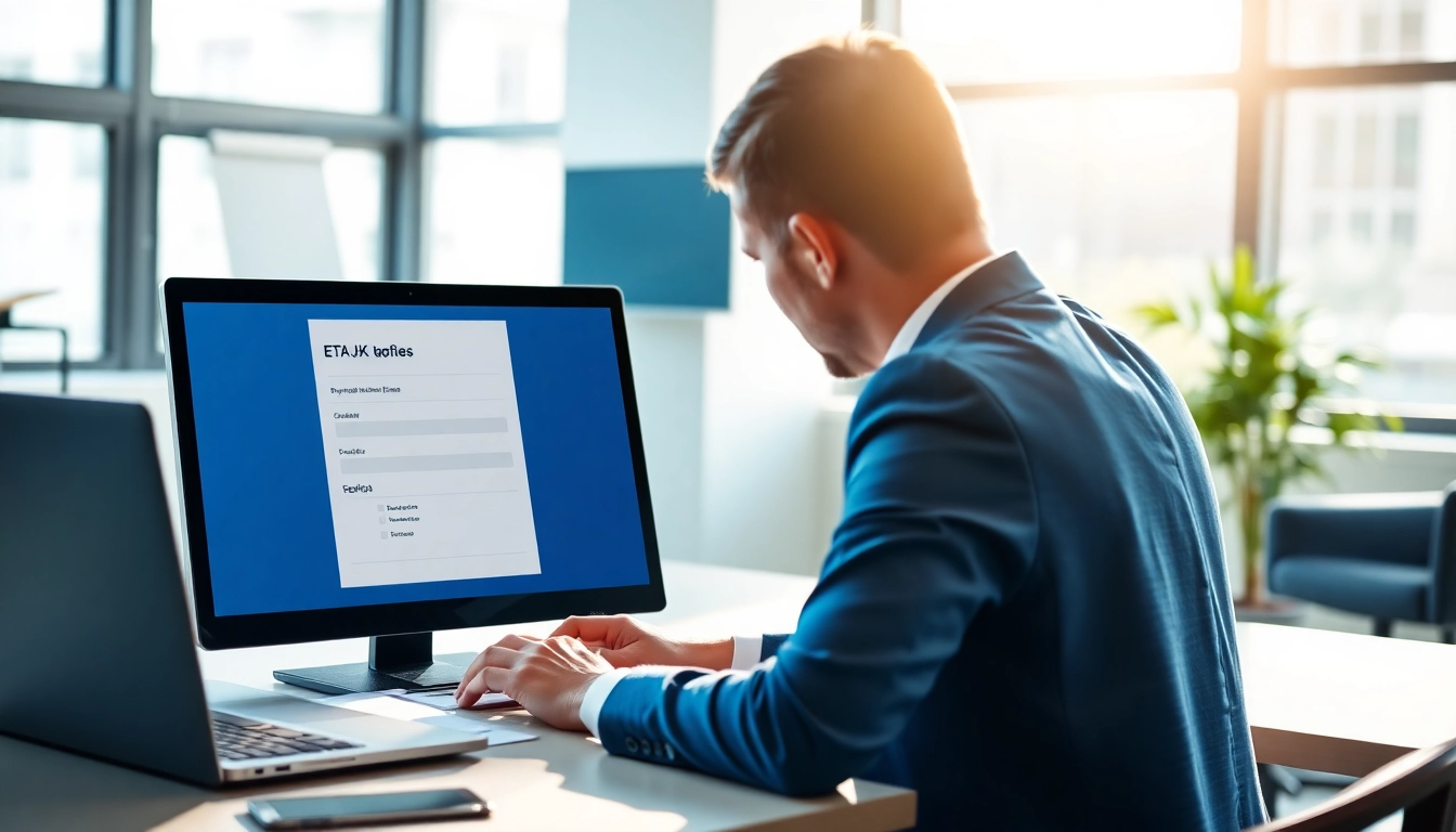 Applying with attention to detail on the eta uk application form in a modern office setting.