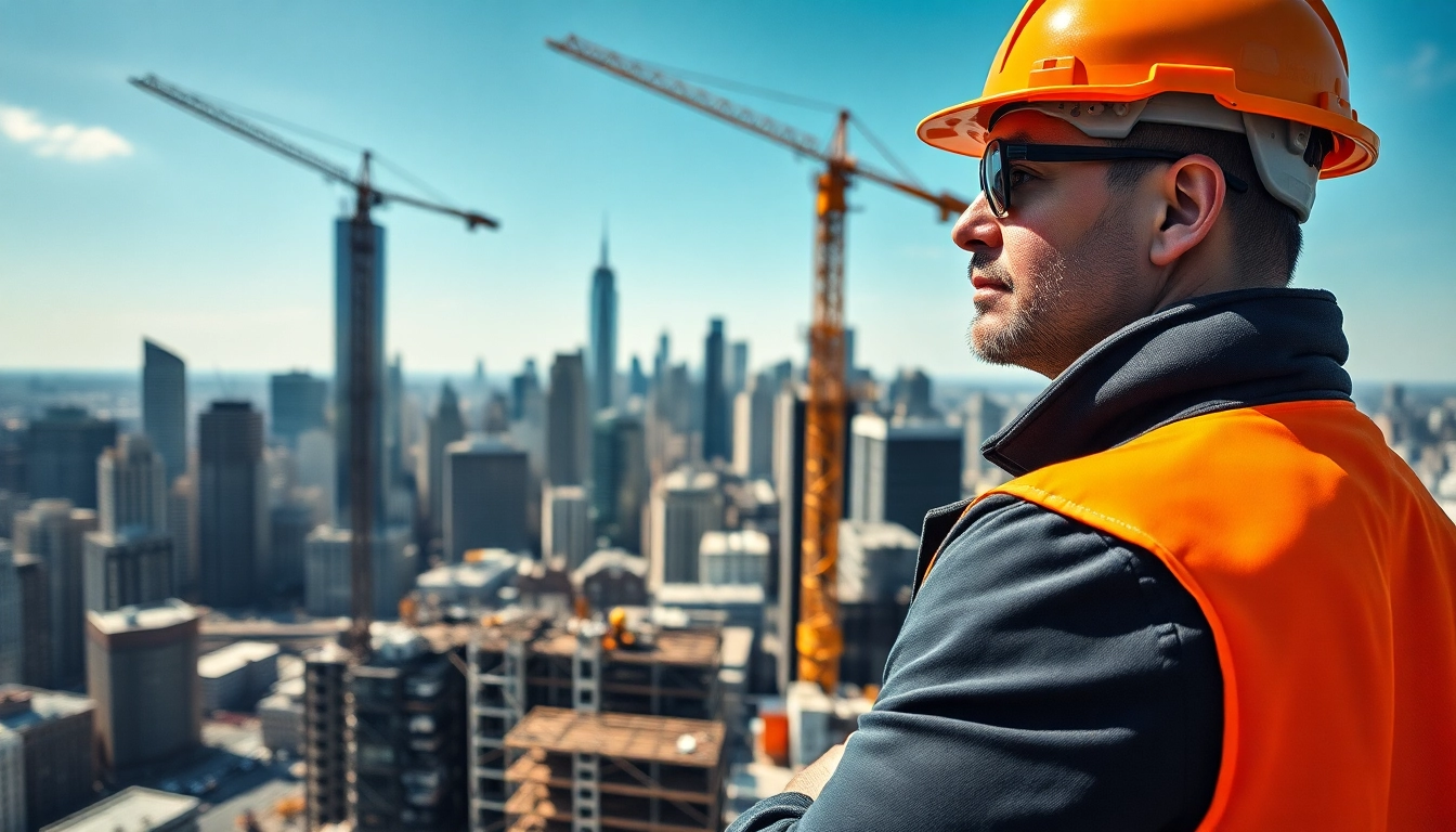 Manhattan Construction Manager leading a bustling construction site with urban skyline backdrop.