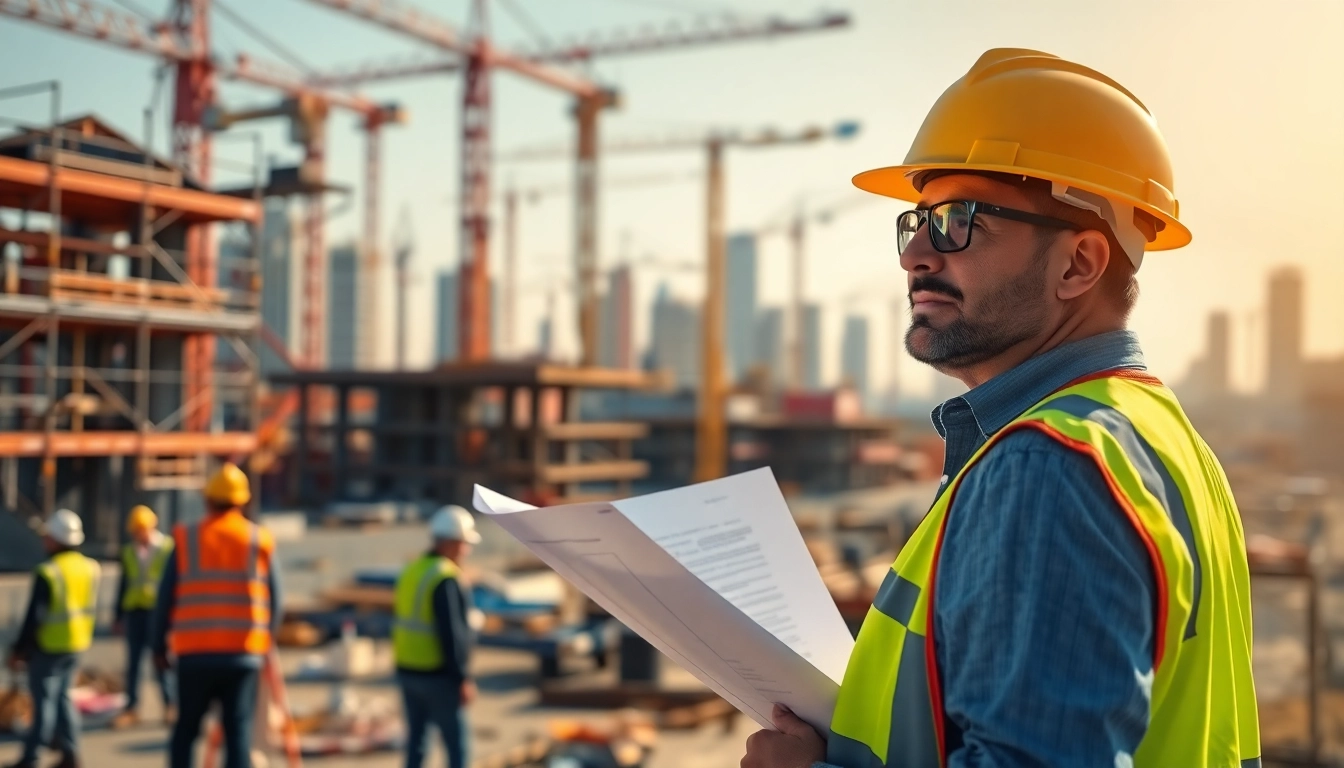 New Jersey Construction Manager confidently leading a vibrant construction project with workers and equipment.