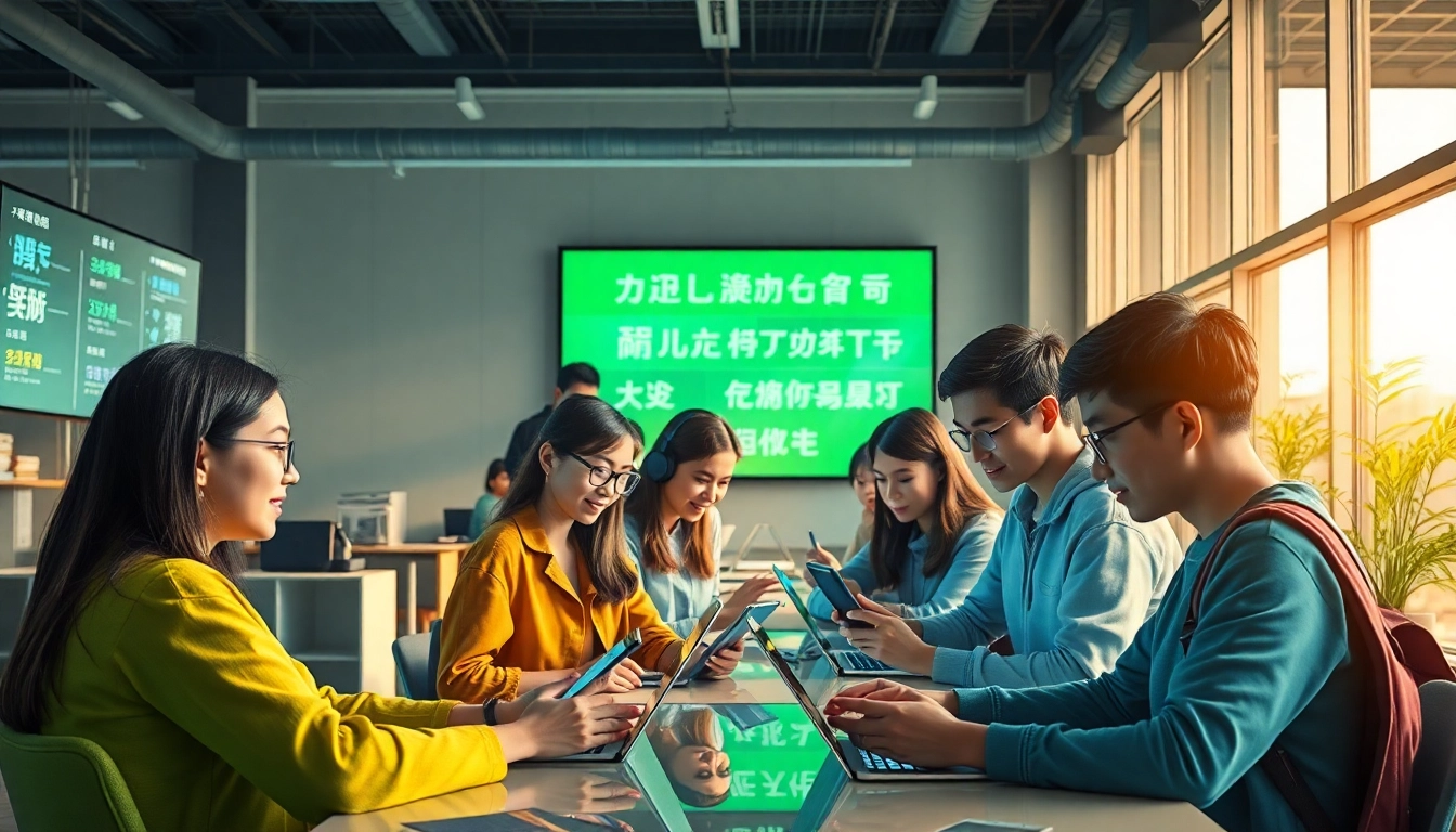 Innovative language learning scene with 有道 tools and diverse students.