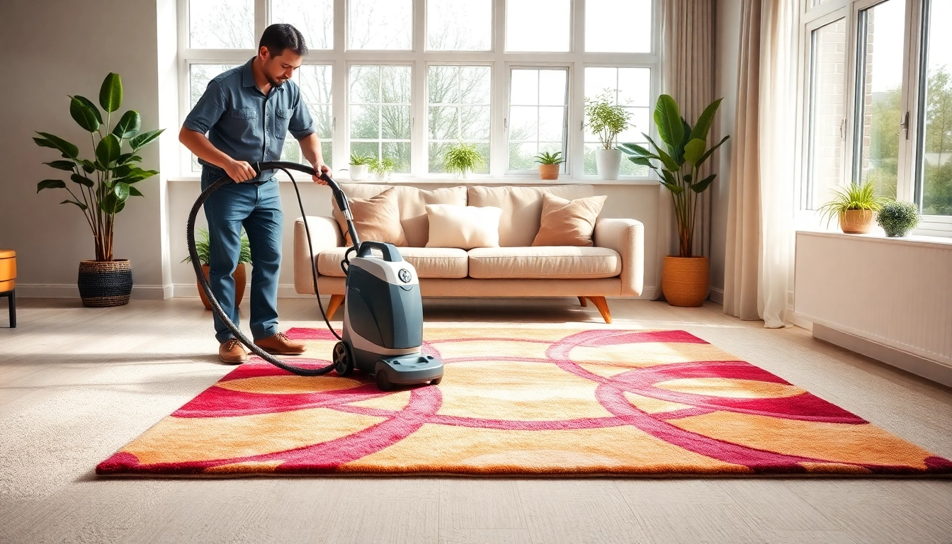 Carpet cleaning in Glasgow services showcased in a bright living room with a technician at work.