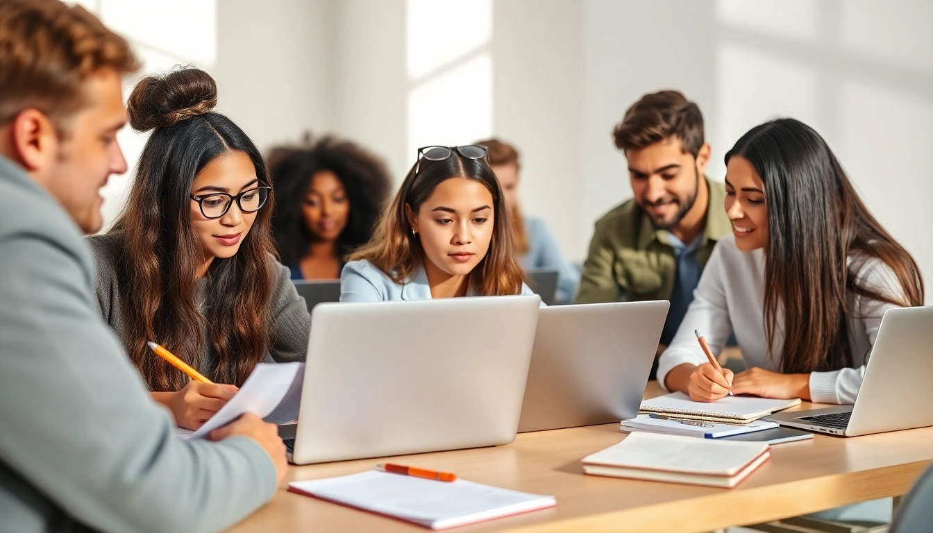 Students focused on their laptops for online exams help in a collaborative study environment.