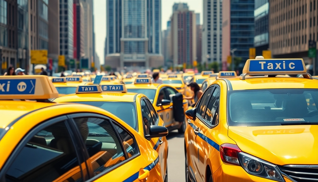 Taxis waiting for passengers in a dynamic urban setting.