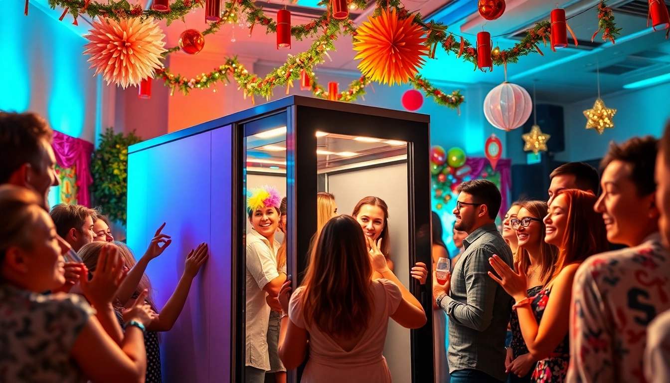 Guests having fun at a photo booth rental during a lively event.
