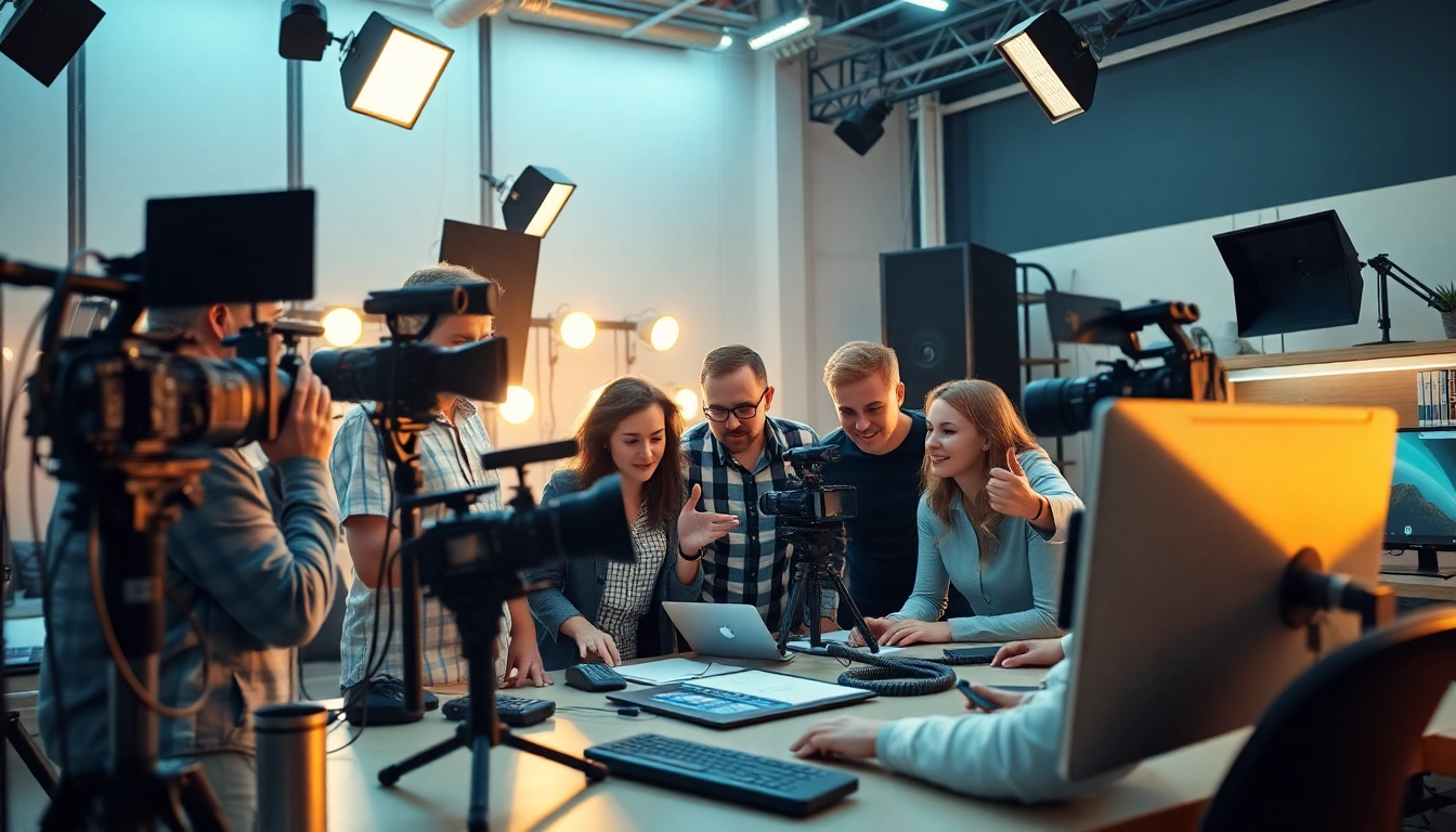 Team collaborating at a Video production agency studio with cameras and editing equipment.
