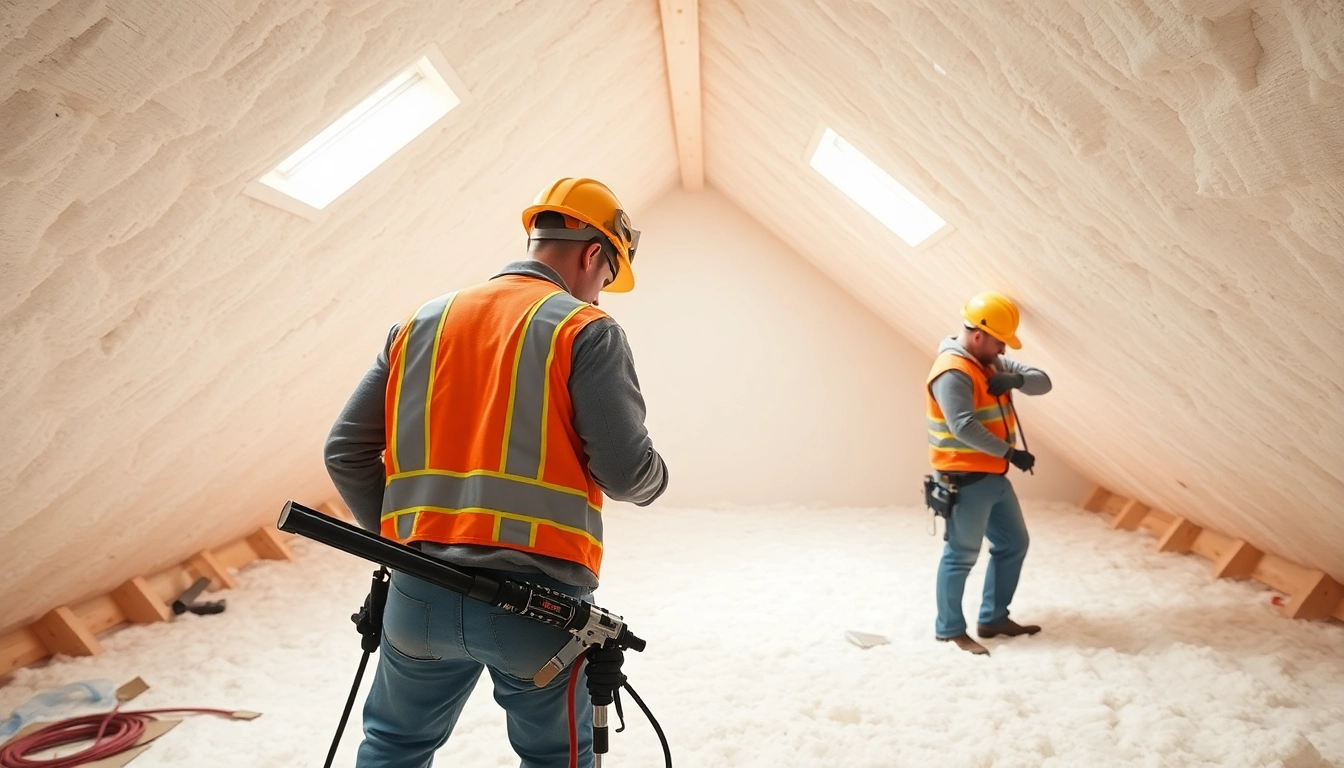 Technicians performing spray foam insulation removal UK in a secure residential attic.