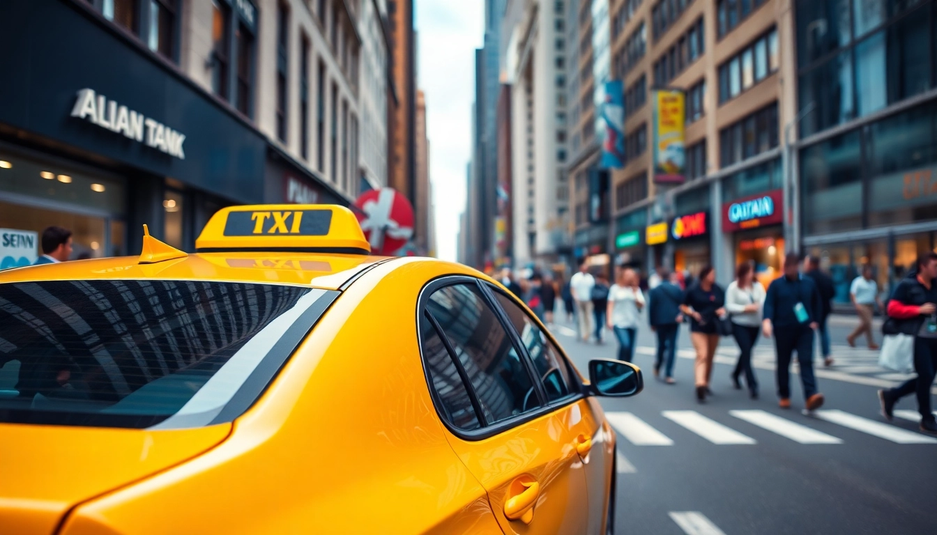 Taxis navigating a vibrant city street, showcasing the hustle and bustle of urban life.
