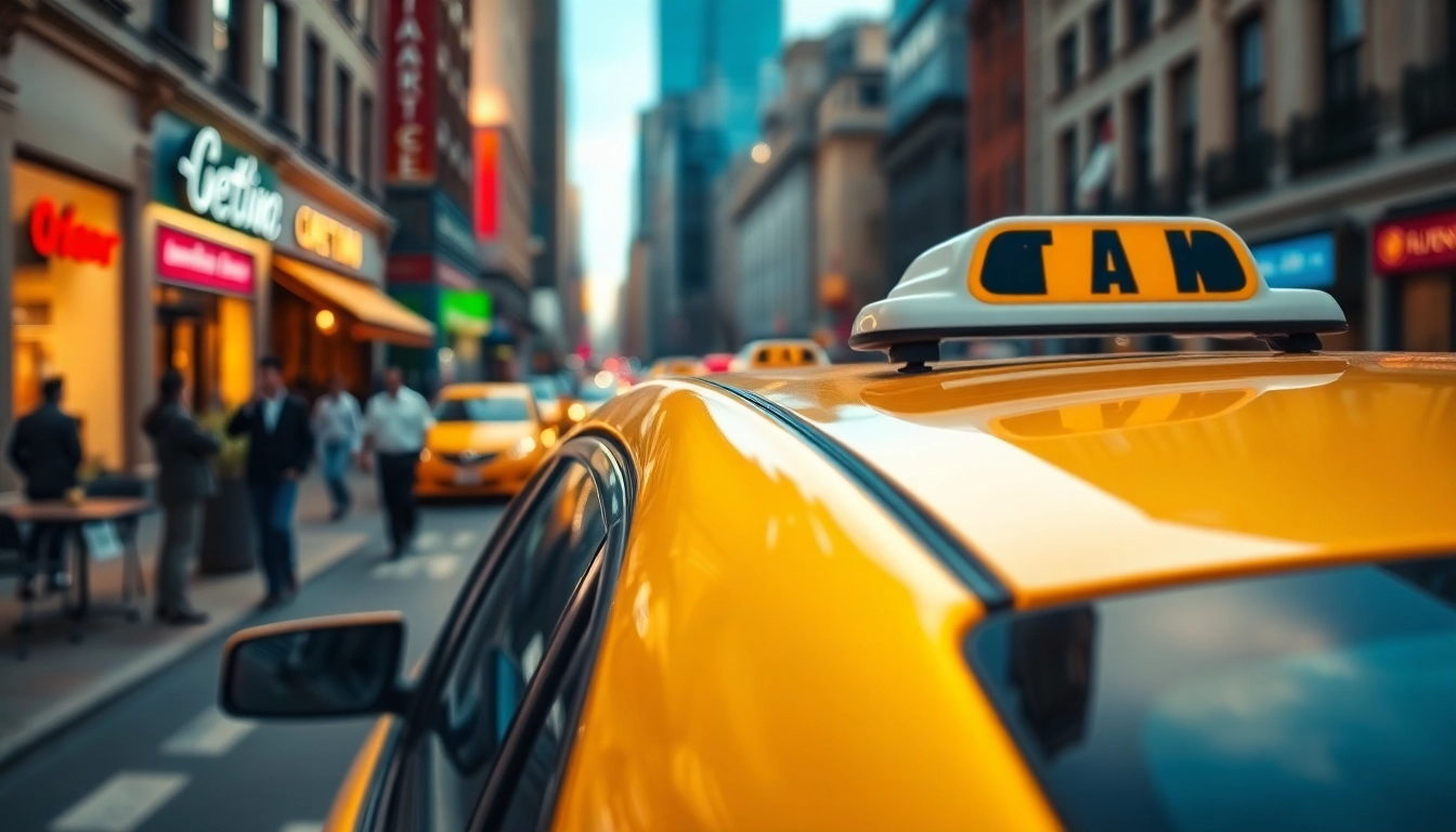 Taxi cab in vibrant city street showcasing modern design and dynamic urban life.