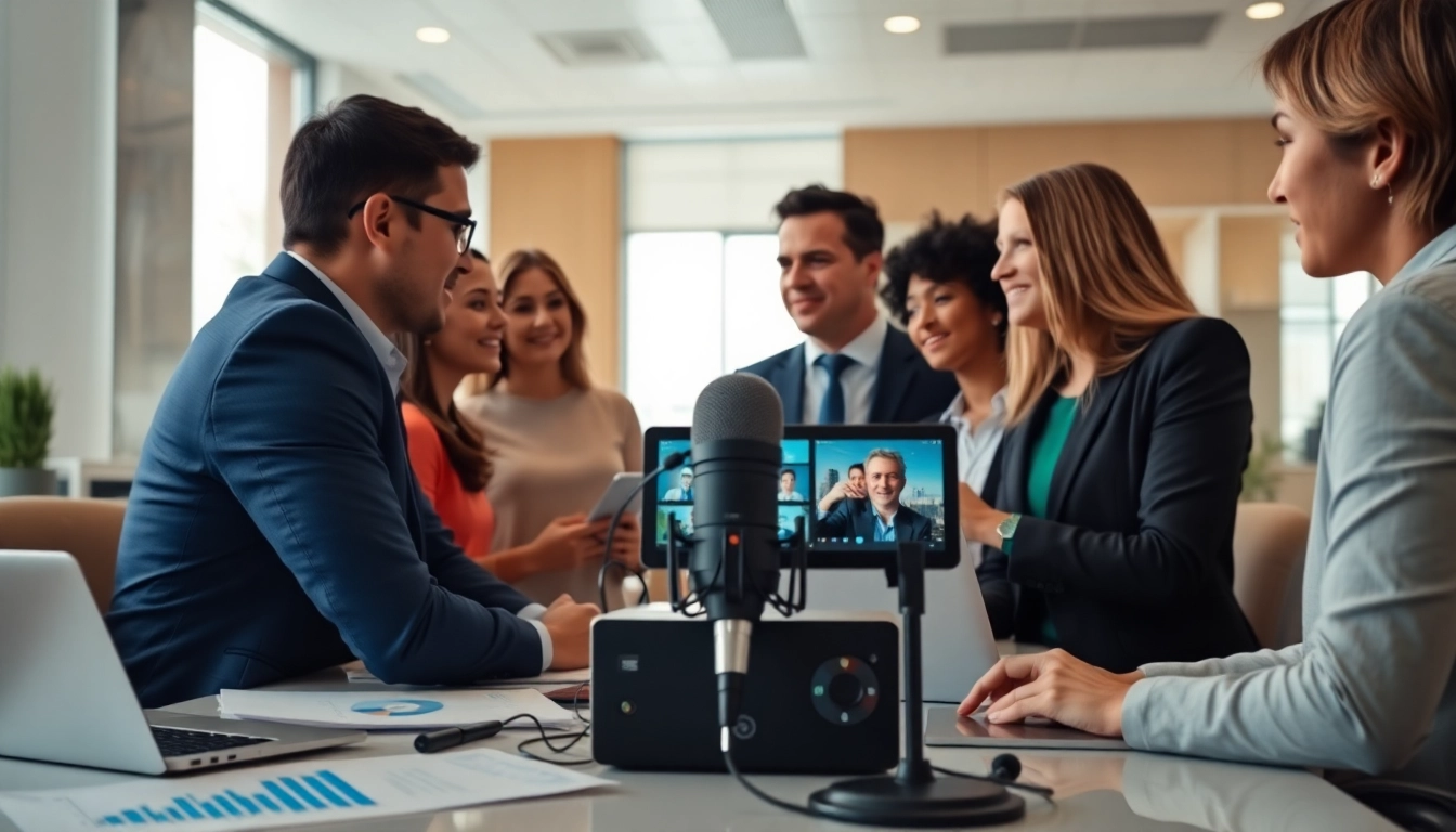 Engaging team using call recording equipment in a professional office setting, emphasizing collaboration.
