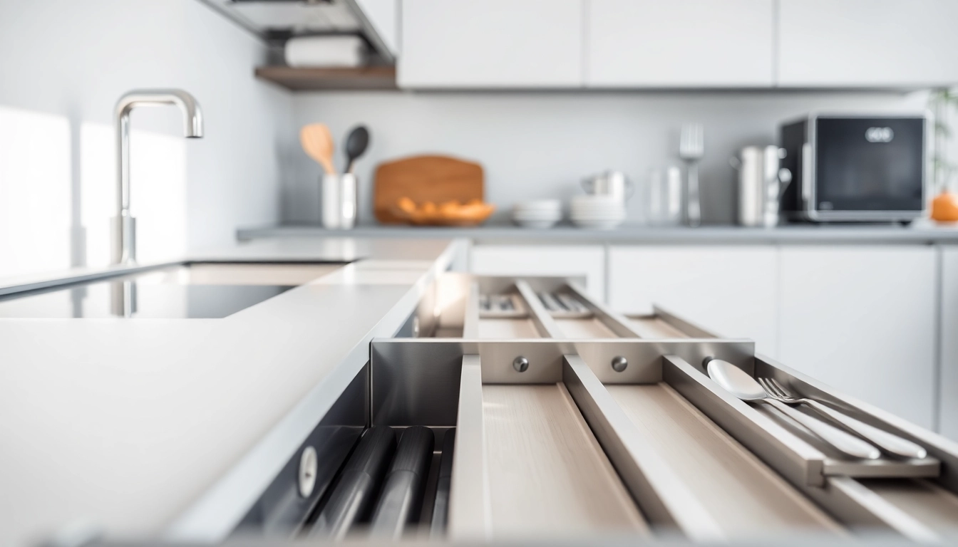 Explore the functional details of a Metal Drawer System showcased in a modern kitchen.