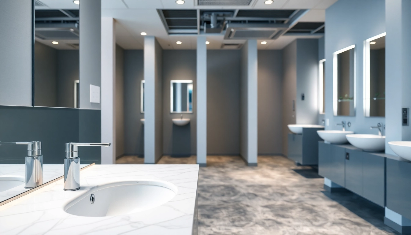 Experience seamless commercial washroom refurbishment featuring elegant design and modern fixtures.