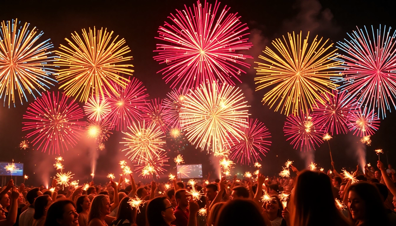 Crowd enjoying cheap fireworks near me, illuminated by colorful bursts in a night sky.