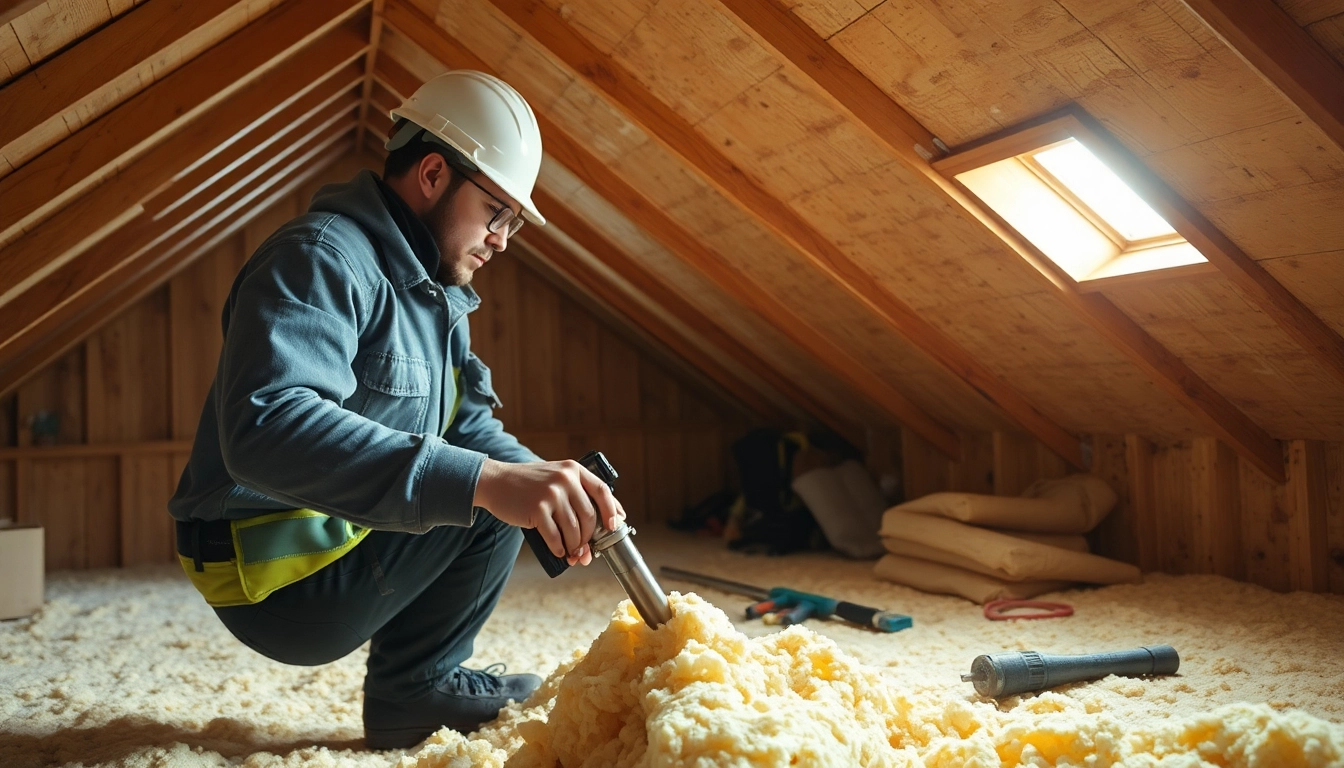 Expert worker remove spray foam insulation in a bright residential attic with safety gear.
