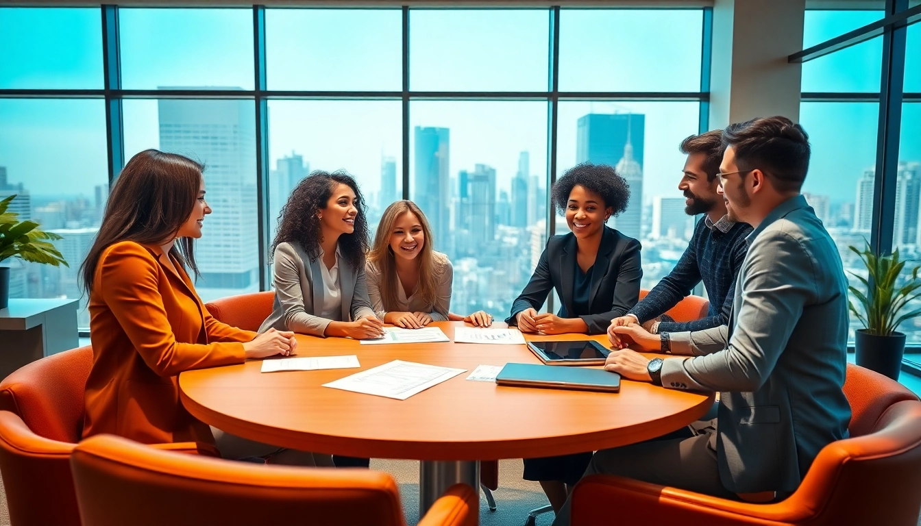 Companies collaborating in a dynamic professional office setting with teamwork and engagement.