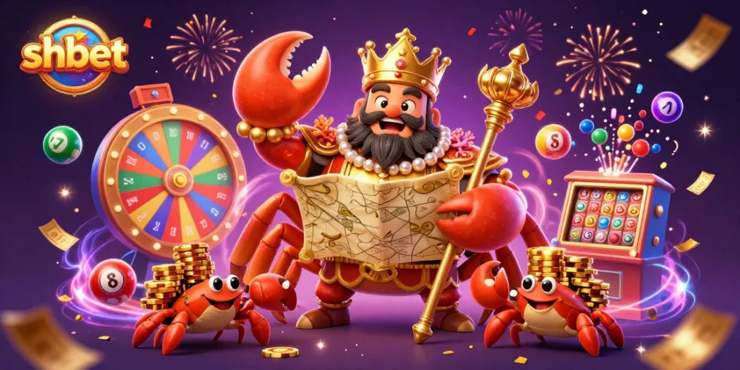 Bet on shbet's exciting offerings with a vibrant 3D illustration of a golden crab emperor and playful game elements.