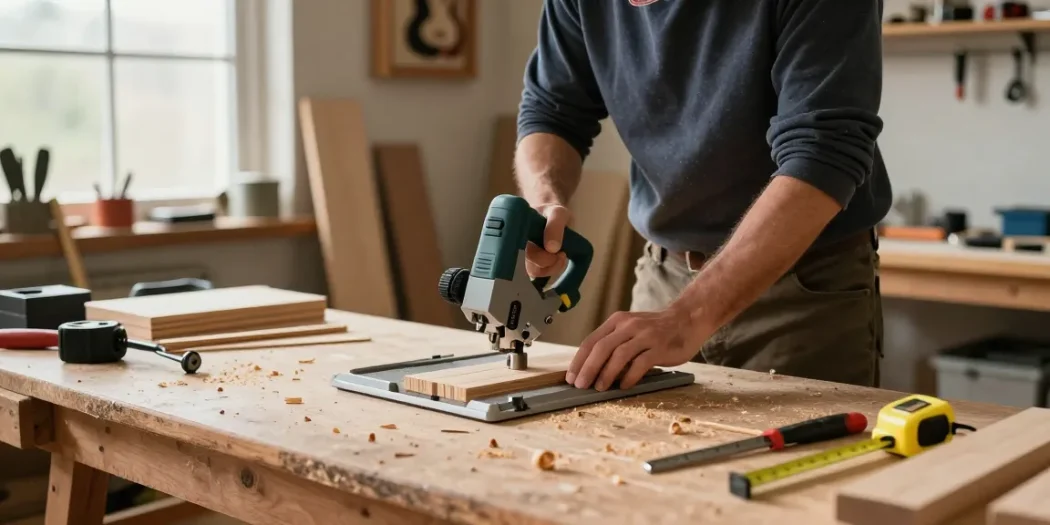 Craftsman using a mitre saw hand for woodworking in a workshop