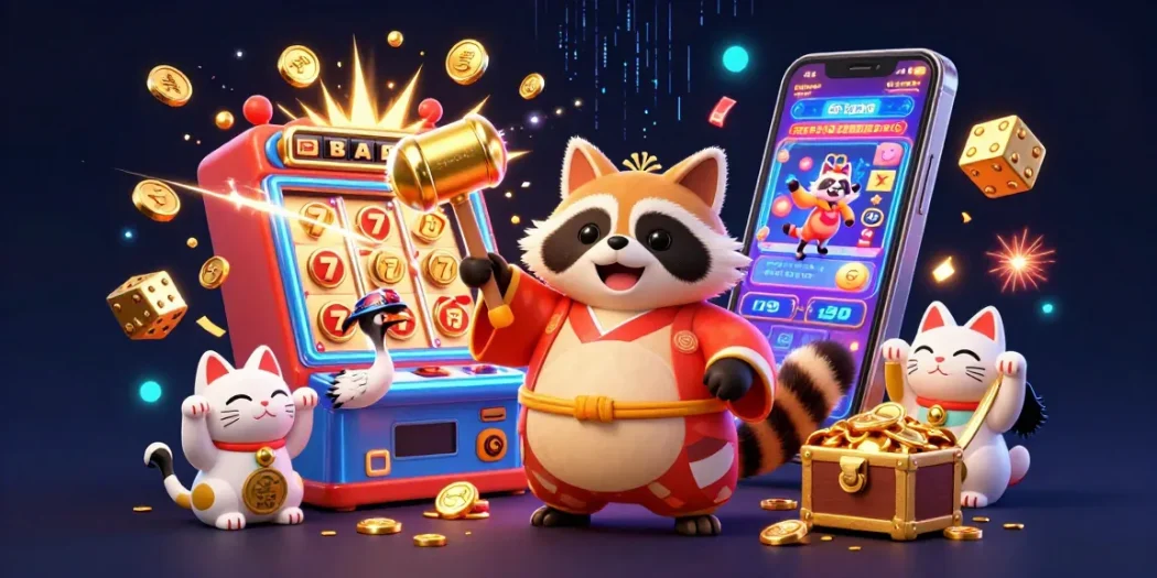 Engage with credit card casinos through this vibrant 3D illustration featuring a tanuki, crane, and fortune cats amidst a jackpot explosion.
