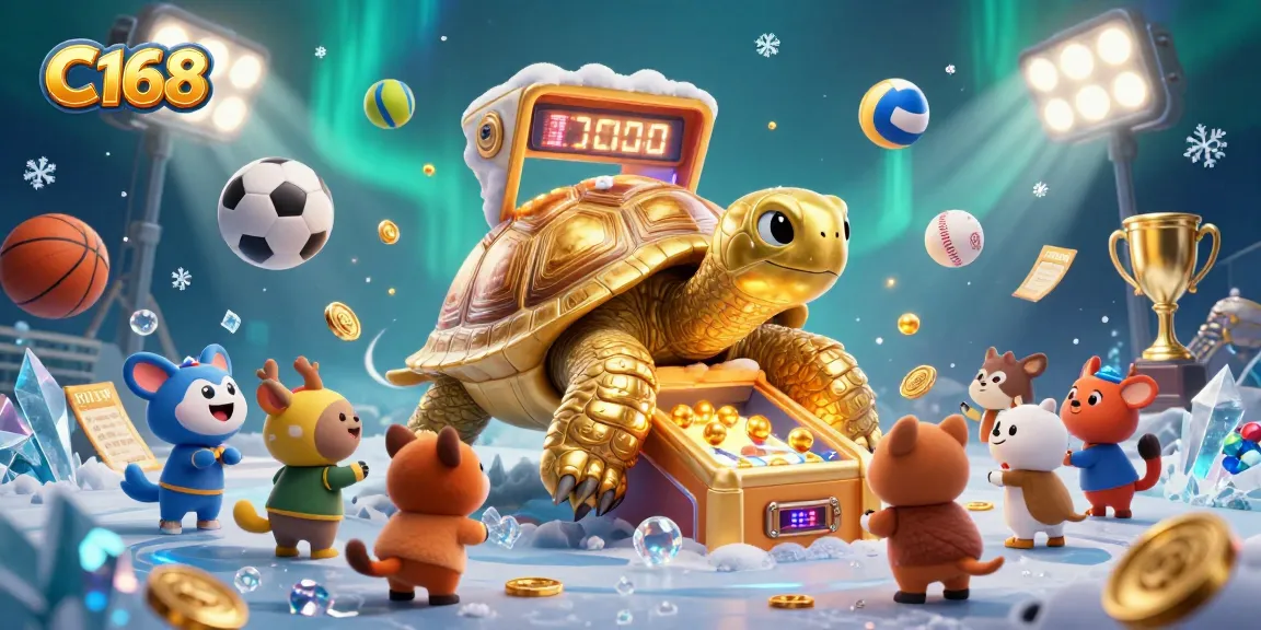 C168 players engaging with a vibrant 3D gambling scene featuring sports elements and a golden tortoise.