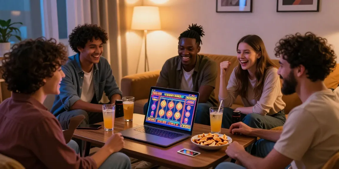Friends enjoying a fun online gaming session at credit card casinos with colorful slot games on laptop.